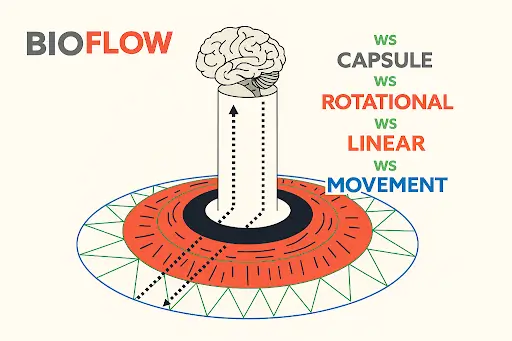 Illustration of the BIOFLOW concept used in Functional Range Systems training, showing the connection between the brain and joint capsule through rotational, linear, and movement pathways for optimal joint health.